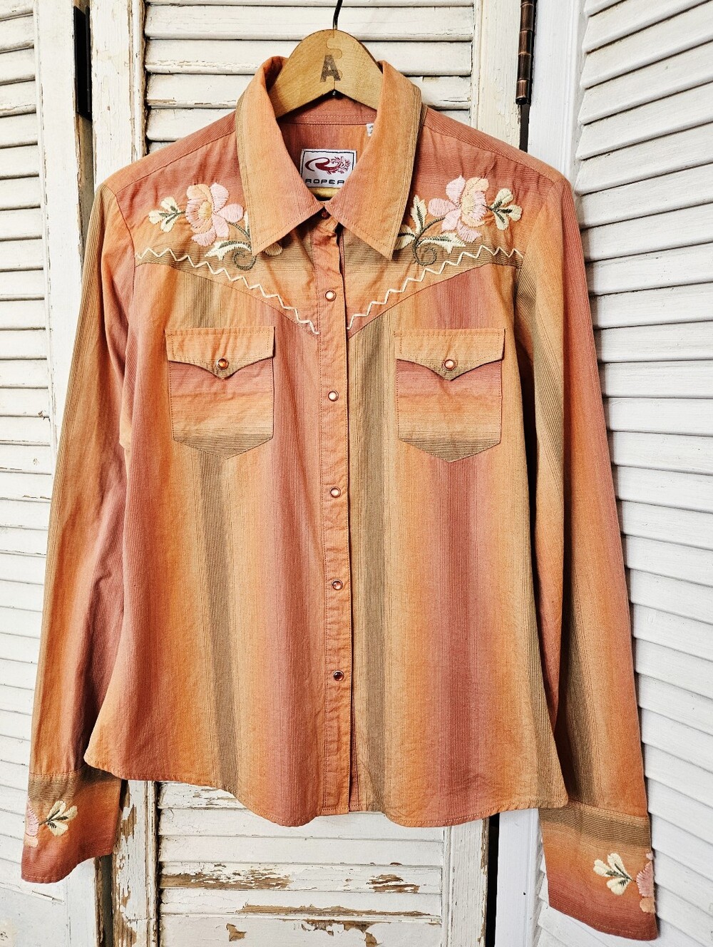 Roper 100% Cotton Embroidered Snap Front Western Shirt Orange Stripe Medium